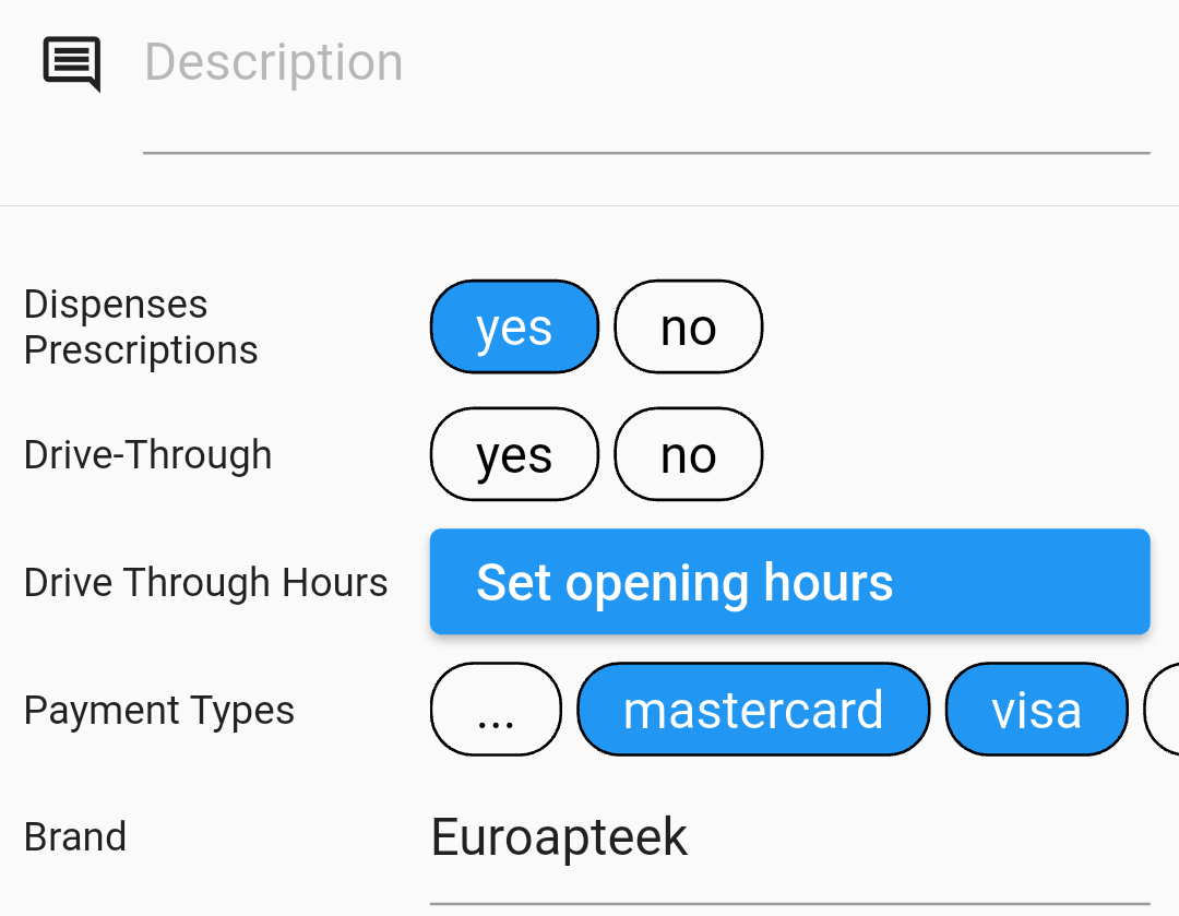 Screenshot of Every Door editor pane, with several fields visible: Description, Drive-through, Payment types etc