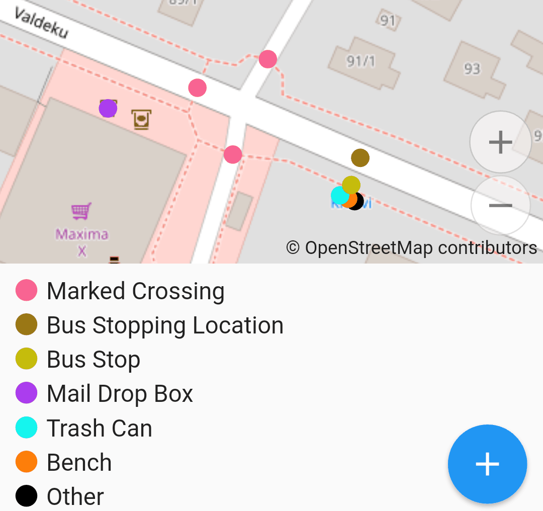 Screenshot of Every Door in micromapping mode. On top there are colored dots. At the bottom, there is a legend explaining evey color: Marked Crossing, Bus Stop, Mail Drop Box etc